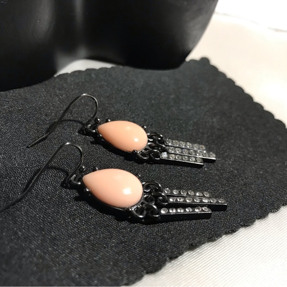Fun & Classy Dark Silver Tone Drop Earrings with Peach Tear Drop Resin Gem. - Picture 3 of 6